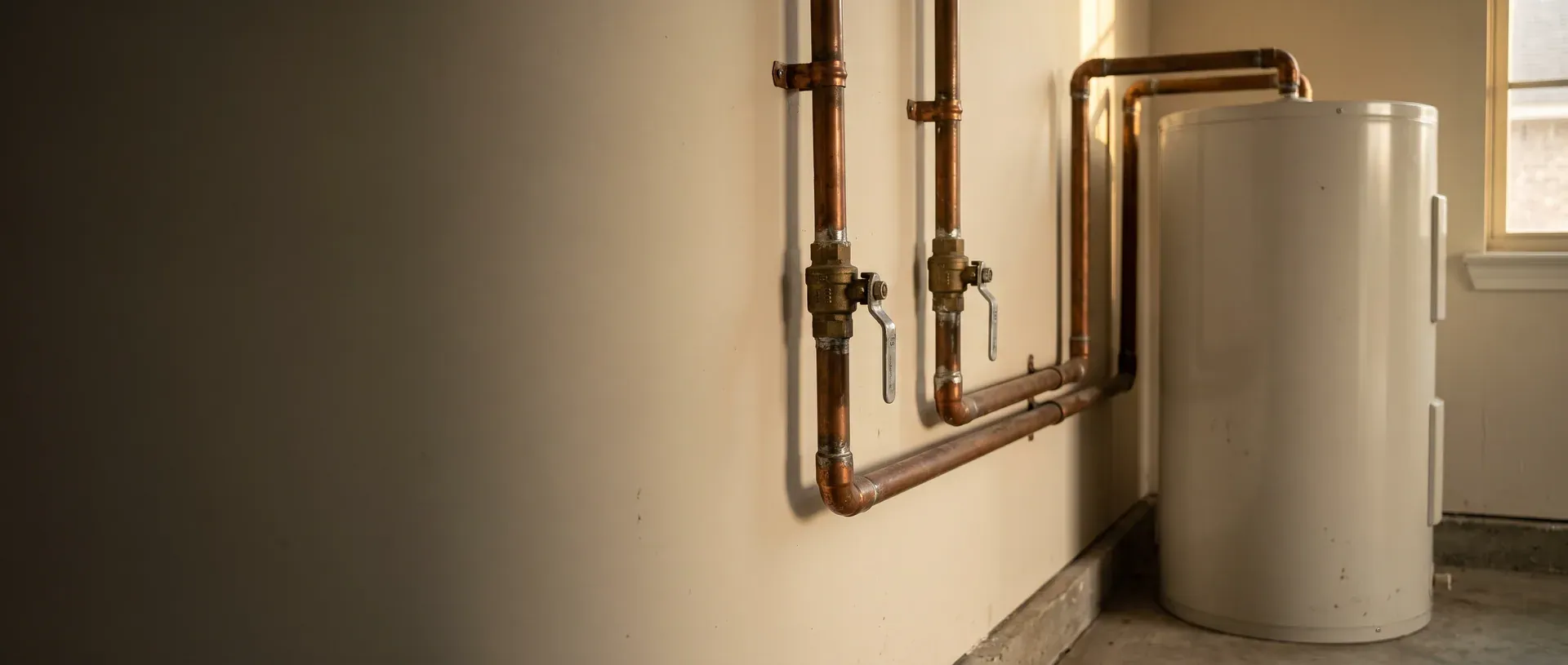 Copper water pipes with brass shutoff valves running along a garage wall to a tank water heater.