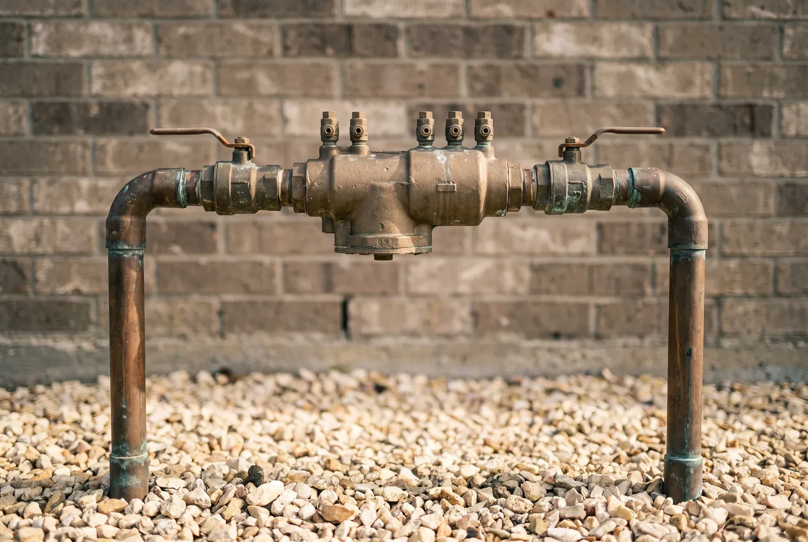 A brass backflow preventer with test cocks and 2 shutoff valves, on copper piping in a gravel bed outside a brick building.