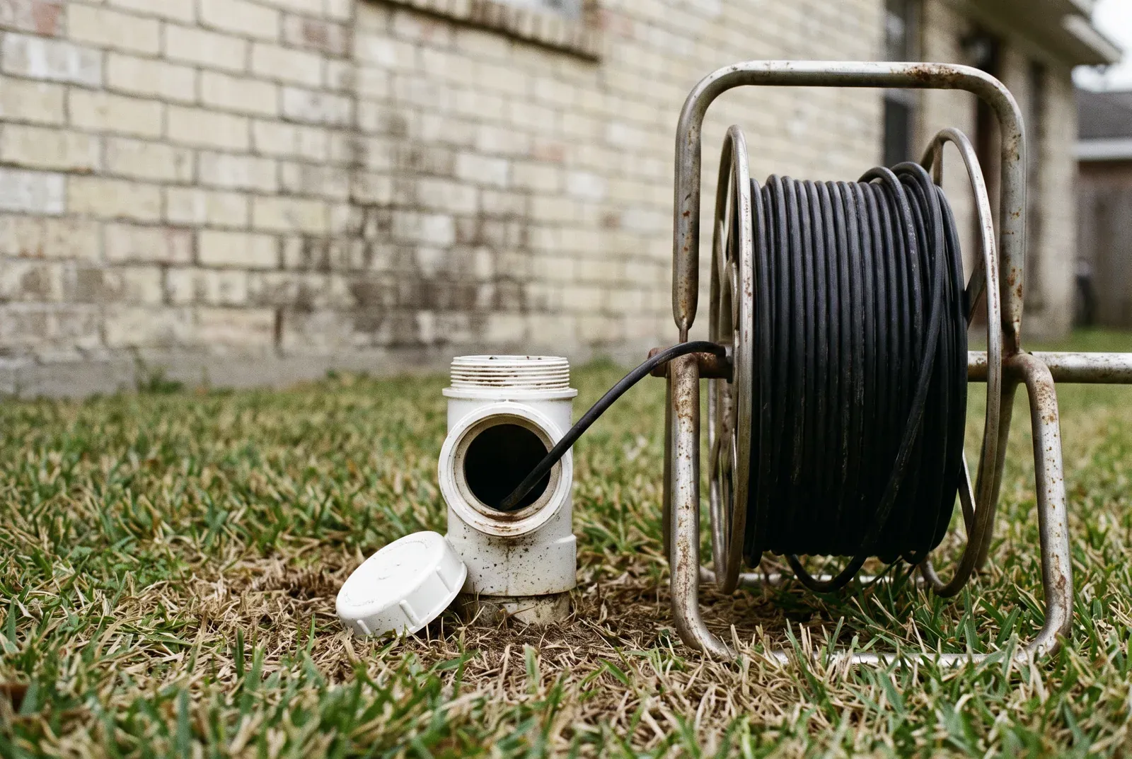 A white PVC sewer cleanout with its cap off in a lawn beside a brick house, with a drain cable feeding into it from a steel reel.