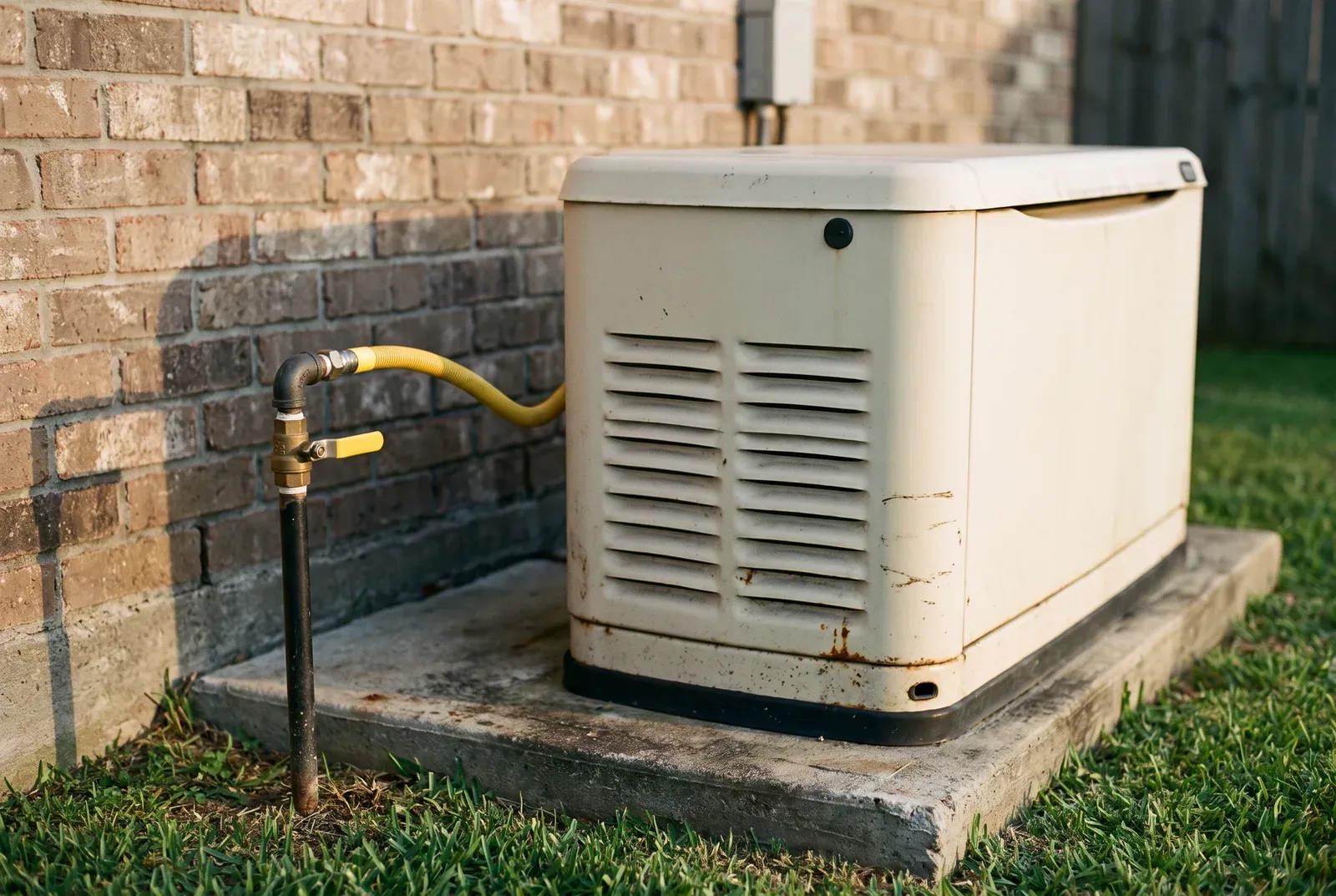 A standby generator on a concrete pad beside a brick wall, connected by a yellow flexible gas line to a pipe riser with a shutoff valve.