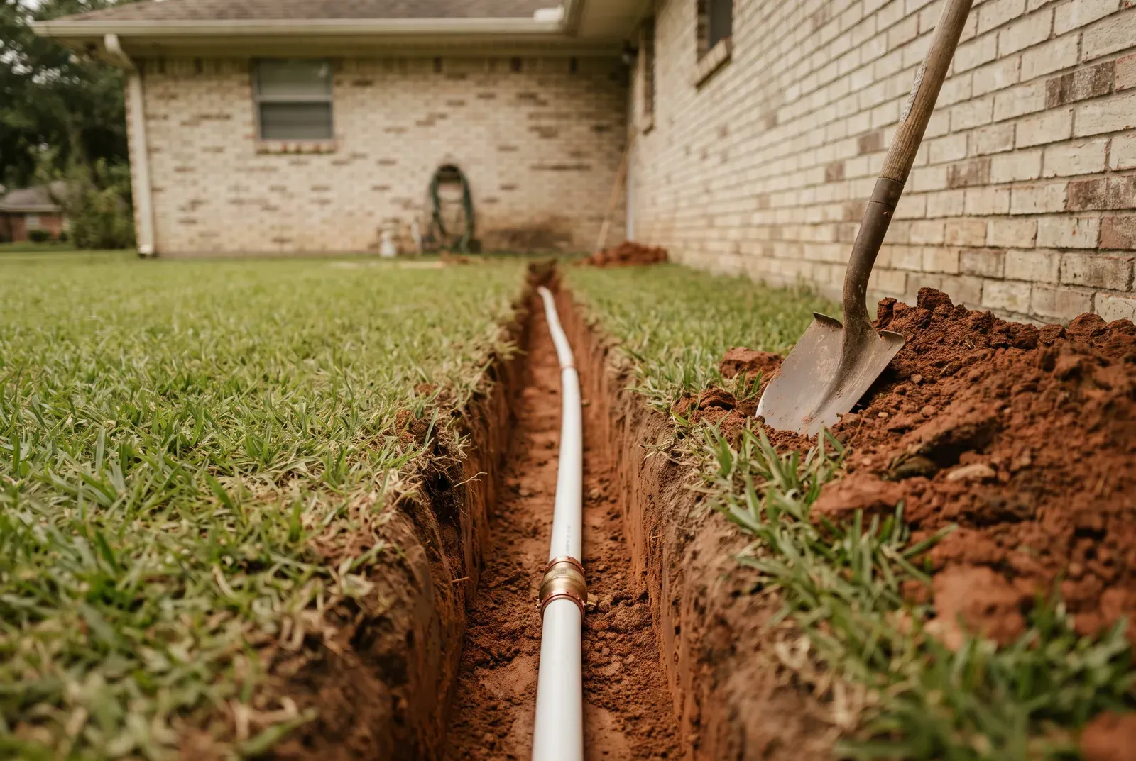 A narrow trench across a lawn beside a brick house, holding a new white water line with a brass coupling. A shovel stands in the dug-out soil.