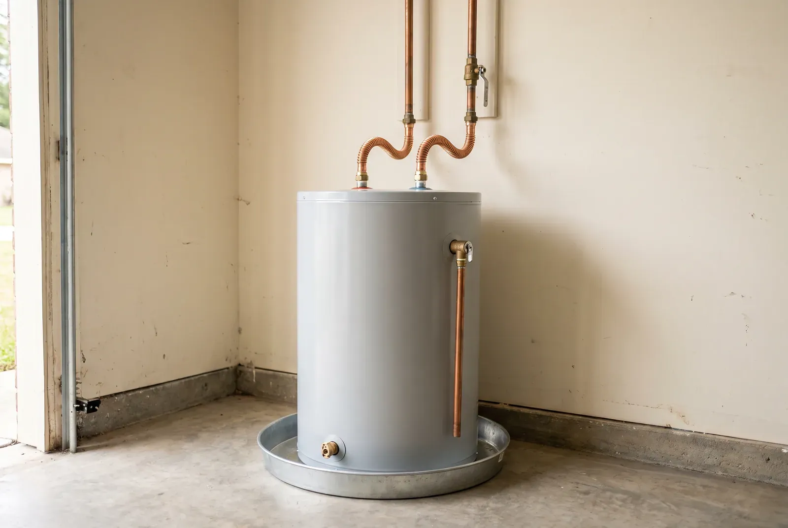 A grey tank water heater standing in a drain pan in a garage corner, with flexible copper connectors and a shutoff valve above it.