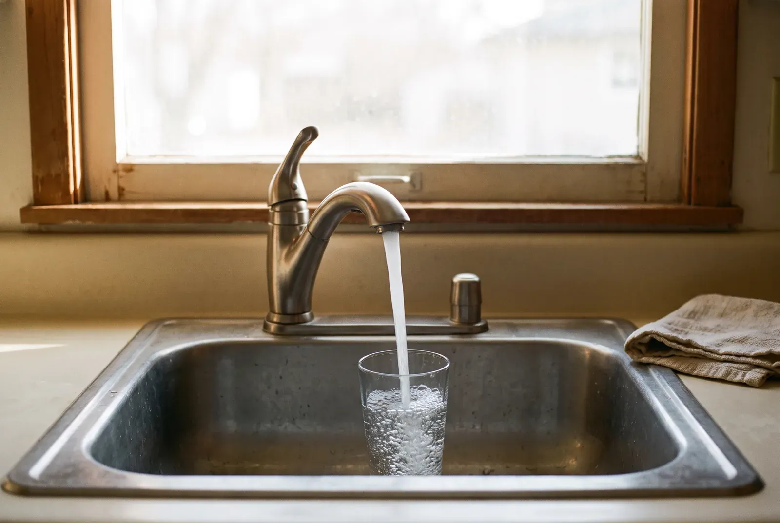 A glass filling with water under a kitchen faucet, in a steel sink in front of a window.